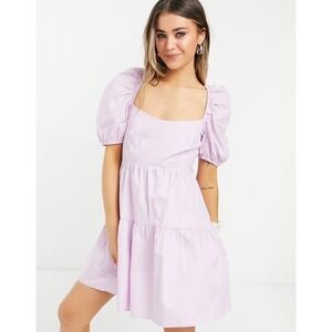 BARDOT Lavender Puff Sleeve Tiered Mini Dress Open Back Wedding Guest Size 6 SM